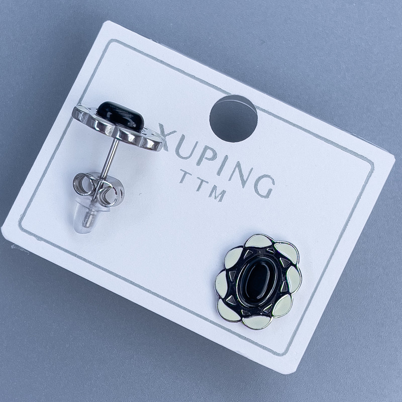 Xuping Black Stone Stud Earrings, Rhodium-Plated