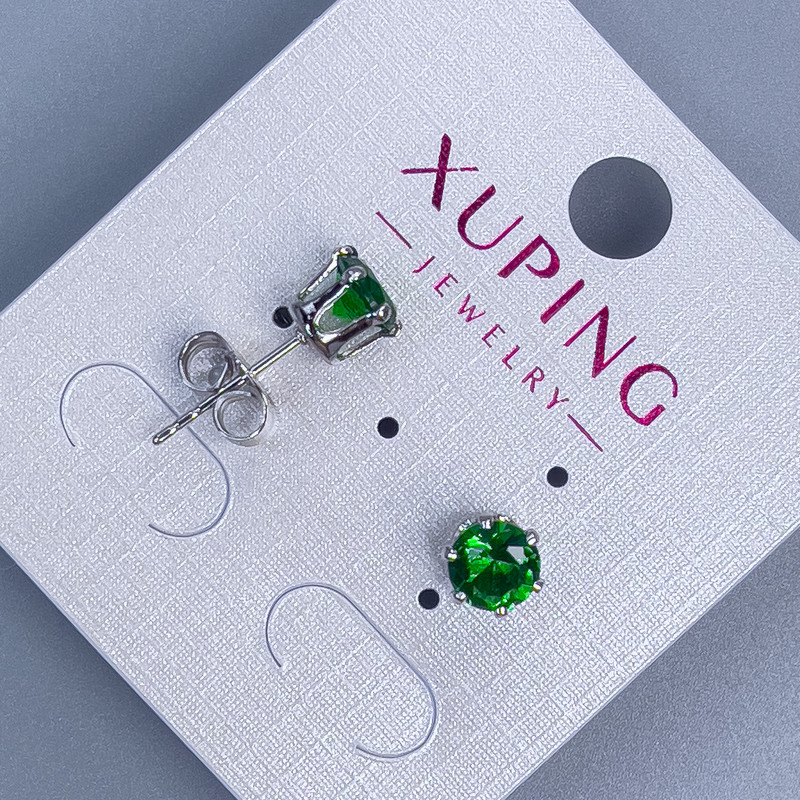 Xuping Green Stone Stud Earrings, Crown Setting, Rhodium-Plated, 6 mm
