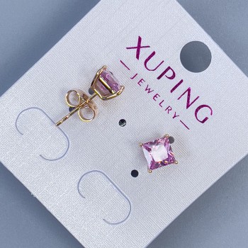 Xuping stud earrings with pink stone in a 'Quadro' setting, 6mm +/- 18K gold plating