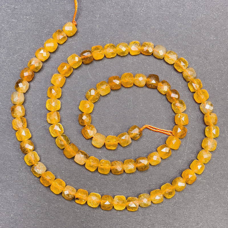 Citrine Beads on Thread, Faceted Cubes, 5 mm diameter, 39 cm length