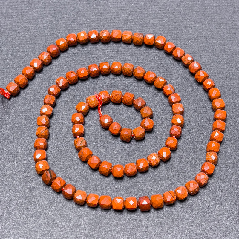 Red Jasper Beads on Thread, Faceted Cube, 4 mm Diameter, 39 cm Length