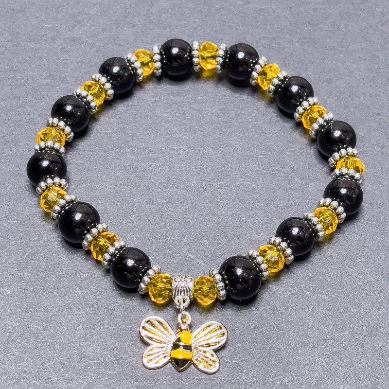 Bracelet with Agate and Czech Crystal — Smooth Round Beads and Rondelles, 18 cm Stretch