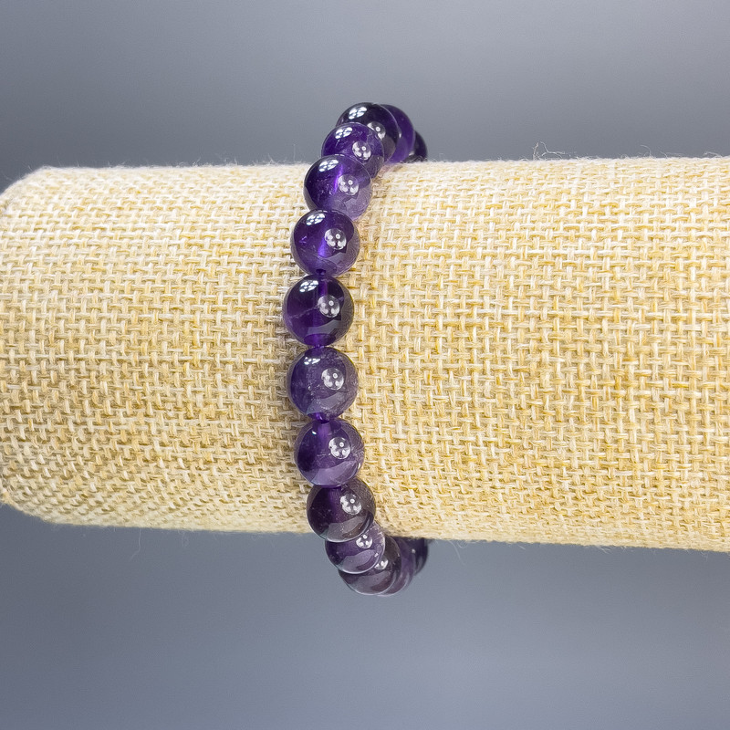 Amethyst Bracelet with Smooth Beads, 8 mm Diameter, 18 cm Length, Stretch