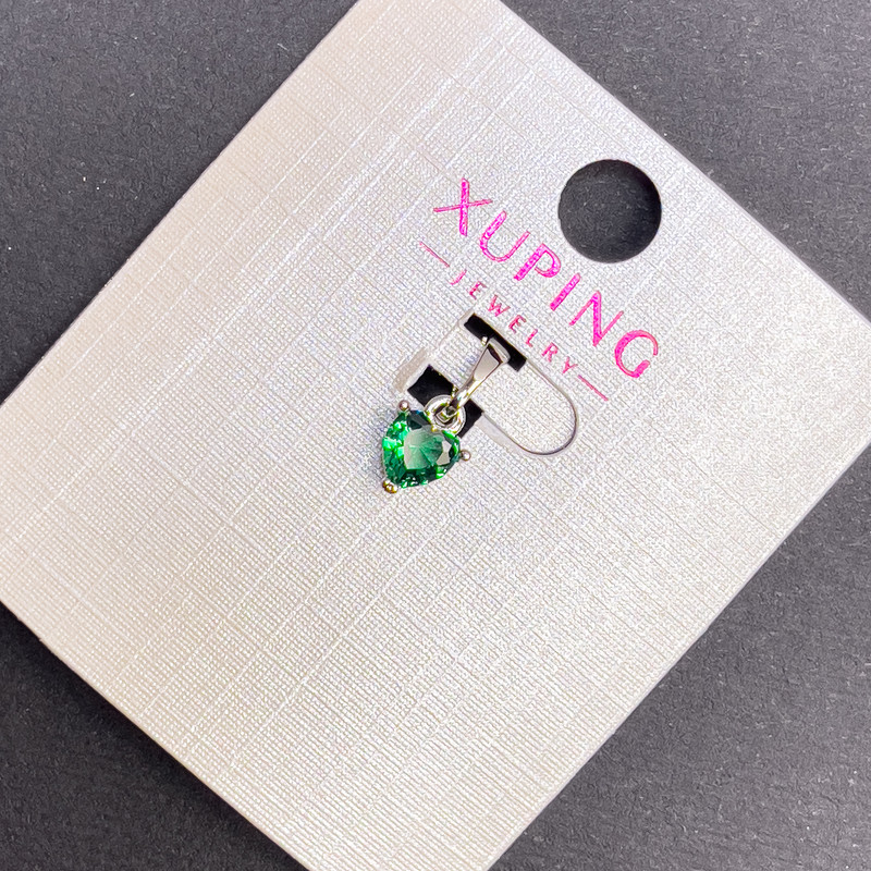 Pendant Xuping Heart with Green Crystal, diameter 6 mm, length 12 mm, rhodium-plated