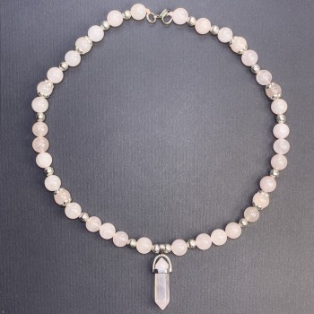 Rose Quartz Necklace with Smooth Beads, 10mm Diameter ±, with Hexagonal Accent on Thread, Length 50 cm+