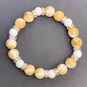 Bracelet with Mother of Pearl, 10mm diameter ± and Agate, 8mm diameter ± - with butterfly inlays, length 18cm ± stretch