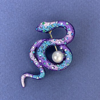 Brooch 'Snake' purple-blue enamel with iridescent crystals and pearl, silver-tone metal 46x25mm +