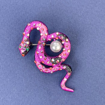 Snake Brooch with Pink Enamel and Pearl, Silver-Tone Metal 46x25mm +