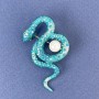 Snake Brooch with Blue Enamel, Iridescent Rhinestones, and Pearl, Silver-Tone Metal 46x25mm +