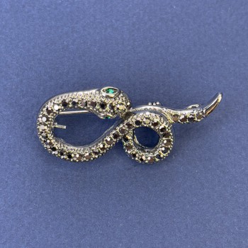 Snake Brooch-Pendant, Gray Color, with Gray Crystals, Silver-Colored Metal 44×20 mm +