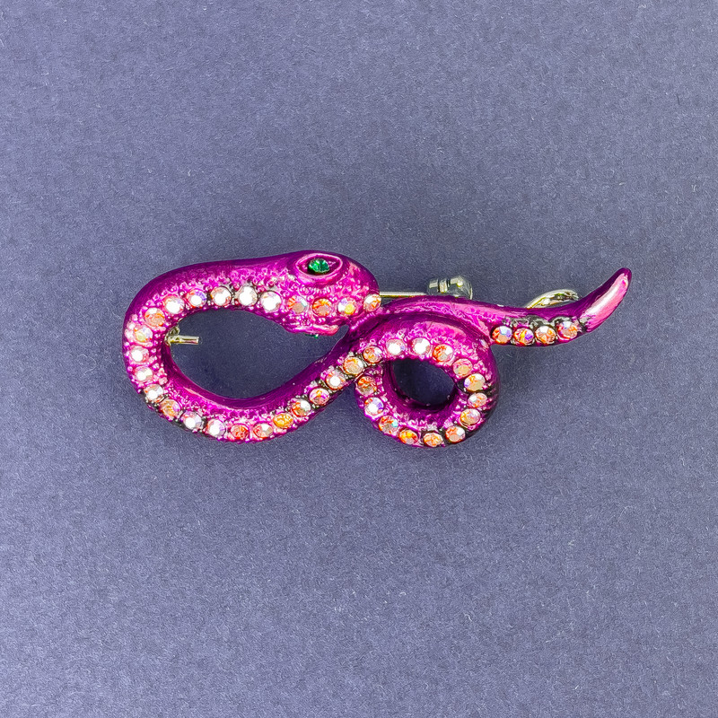 Brooch pendant Snake with pink enamel and rainbow crystals, silver-toned metal, 44x20 mm +