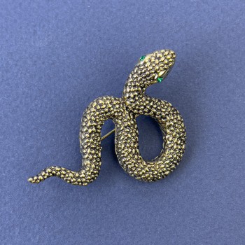 Snake Brooch-Pendant with Green Rhinestones, Golden Metal, 53x32mm +