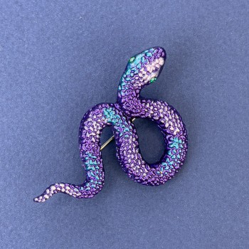 Snake brooch pendant with purple-blue enamel and blue crystals, silver-tone metal, 53×32 mm +