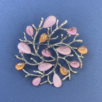 Branches Brooch-Pendant Pink and Yellow Cat's Eye, Silvery Metal, 54mm Diameter