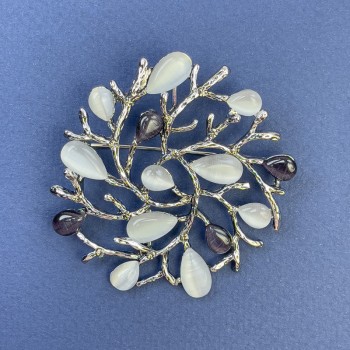 Brooch Pendant 'Branches' Gray Cat's Eye in Silver-toned Metal, Diameter 54mm+