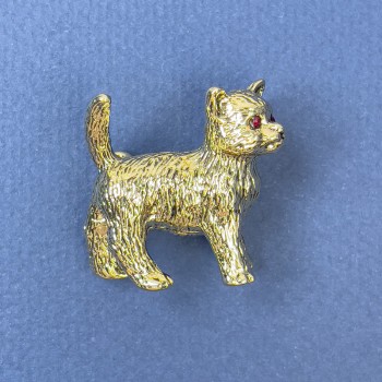 Cat Brooch with Red Crystals, Gold-Tone Metal, 27x28mm+