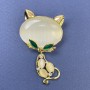 Cat Brooch with White Cat's Eye, White Crystals, Golden Metal, 34x58 mm+
