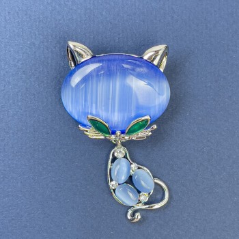 Brooch Cat Blue Cat's Eye White Crystals Silvery Metal 34x58mm+