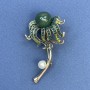 Brooch: Flower with Pearl, Green Rhinestones, Green Center, Gold-Tone Metal, 30x56mm+