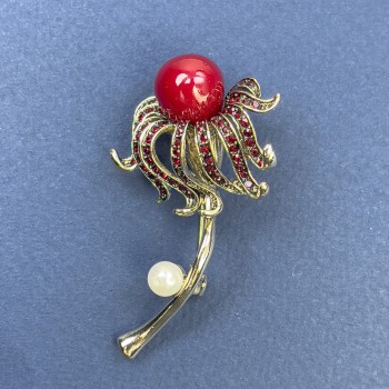 Brooch: Flower with Pearl, with Red Crystals, Red Center, Golden Metal, 30x56mm+