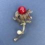 Brooch: Flower with Pearl, with Red Crystals, Red Center, Golden Metal, 30x56mm+