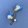 Brooch Twig with a Flower and a Pearl, blue and brown, gold-tone metal, 48×59 mm+