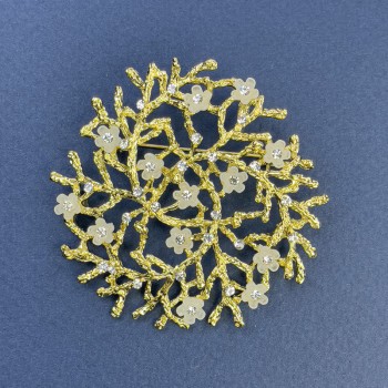 Branch Brooch-Pendant with White Flowers and White Rhinestones, Gold-Toned Metal, 60mm Diameter