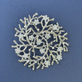 Brooch Pendant Branches with White Flowers, Silver-Tone Metal, Diameter 60mm+