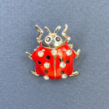 Ladybug Brooch with White Crystals, Red Body, Silver-Colored Metal, Diameter 22 mm, Length 23 mm