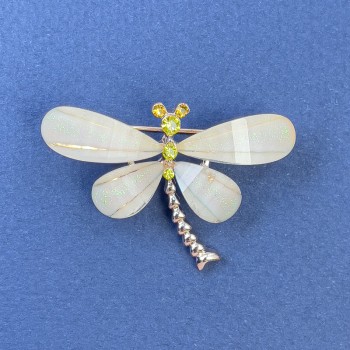 Butterfly Brooch with Yellow and White Crystals, beige-gold metal color, diameter 40 mm, length 30 mm