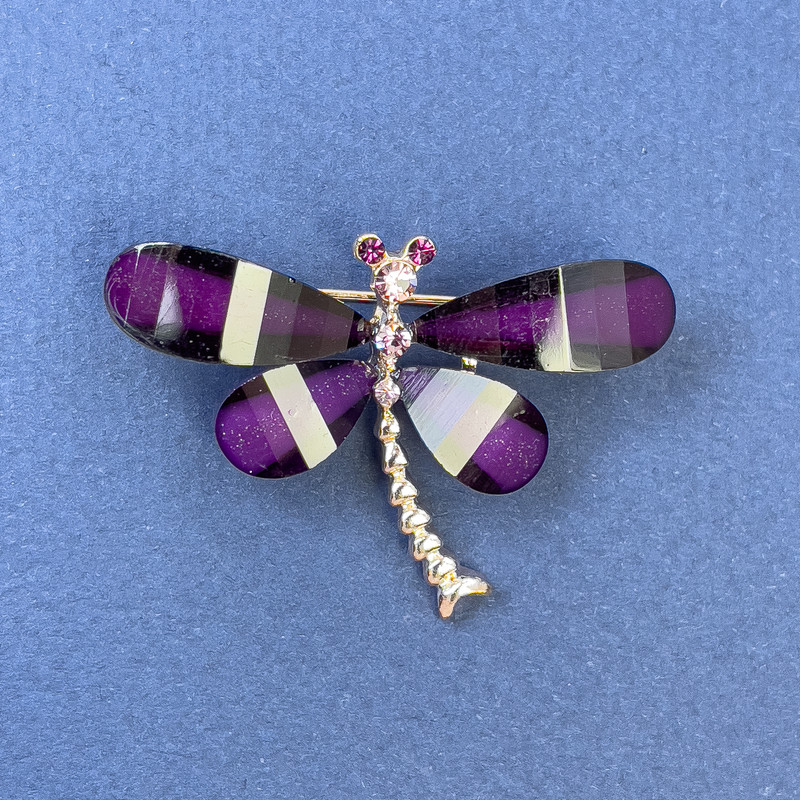Butterfly Brooch with White and Pink Rhinestones, violet color, gold-toned metal, diameter 40mm ±, length 30mm ±