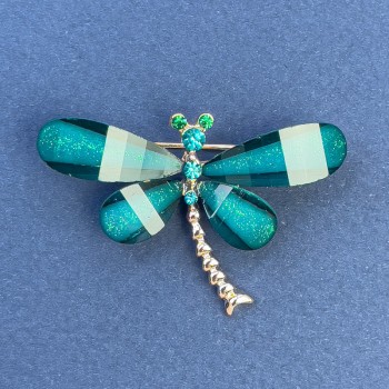 Butterfly Brooch with Turquoise and White Crystals, Turquoise Color, Gold-Toned Metal, Diameter 40mm, Length 30mm