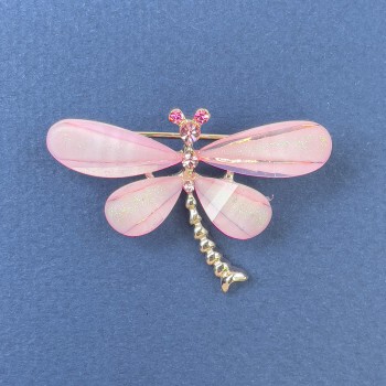 Butterfly Brooch with White and Pink Rhinestones, Pink-Gold Metal, Diameter 40 mm, Length 30 mm