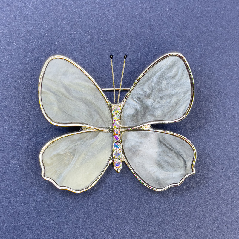 Brooch 'Butterfly' with Iridescent Rhinestones, Gray Mother-of-Pearl, Silver-Tone Metal, Diameter 44 mm, Length 38 mm