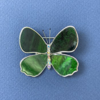 Brooch Butterfly rainbow crystals green mother-of-pearl silvery metal, diameter 44mm+-, length 38mm+-