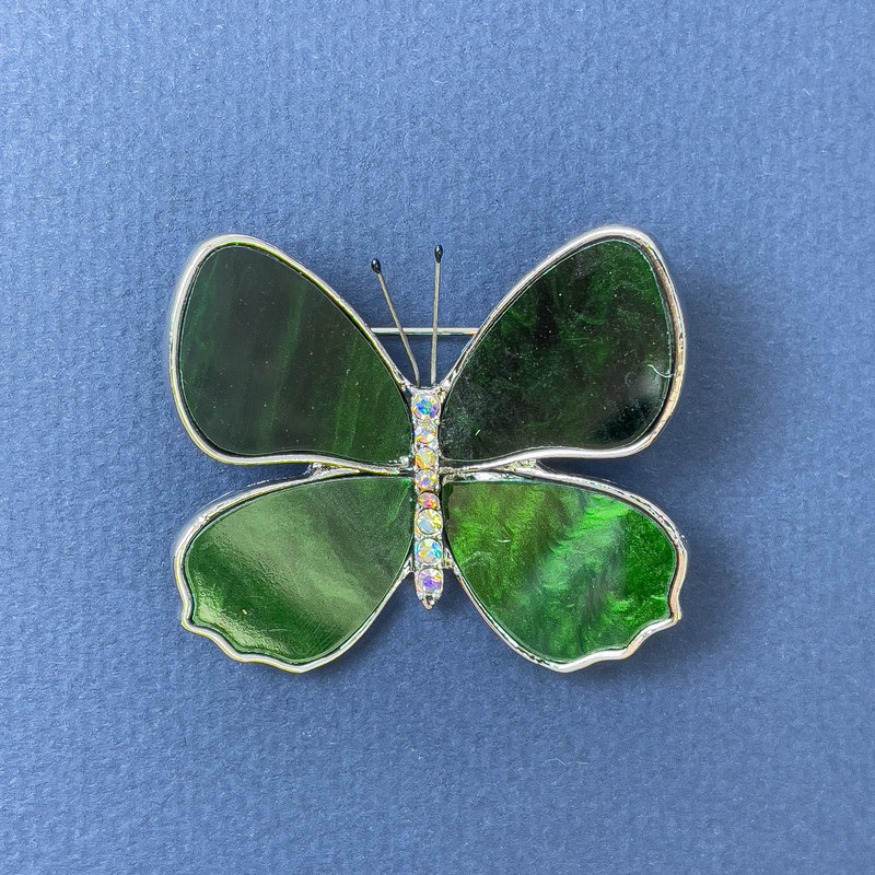 Brooch Butterfly rainbow crystals green mother-of-pearl silvery metal, diameter 44mm+-, length 38mm+-