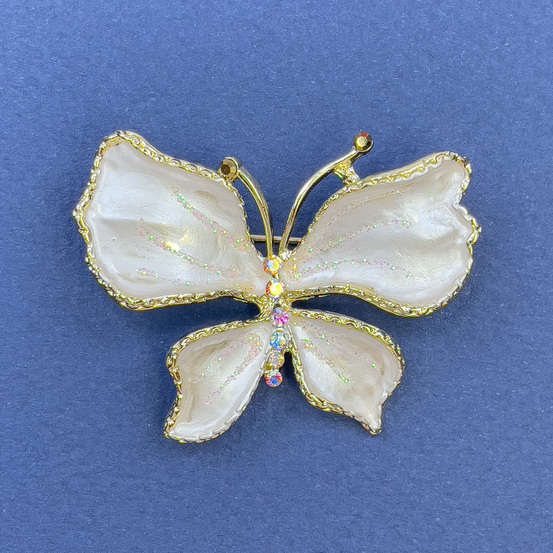 Butterfly Brooch with White Rhinestones on Gold-Tone Metal, 44 mm Diameter, 33 mm Length