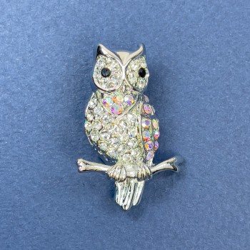 Owl Brooch with Black, White and Rainbow Rhinestones, Silver Metal, Diameter 22 mm, Length 32 mm