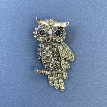 Owl brooch pendant with black and gray rhinestones on silvery-gray metal, diameter 24mm±, length 47mm±