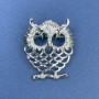 Owl Brooch with Black Crystals in Silver Metal, diameter 31 mm, length 39 mm