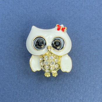 Brooch-pendant Owl with white crystals, white and black enamel, gold-tone metal, diameter 22 mm, length 26 mm