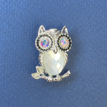 Brooch-Pendant Owl with Crystals, Silver-Toned metal, diameter 18mm, length 27mm