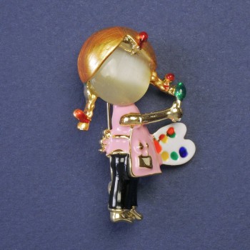 Brooch 'Girl with the Easel' white cat's eye enamel gold-tone metal 28x41mm+