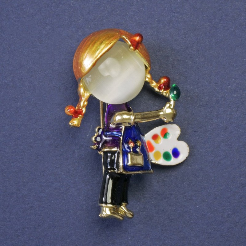 Brooch 'Girl with an Easel' with White Cat's Eye enamel gold-tone metal 28x41 mm+