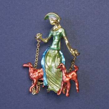 Brooch Pendant 'Lady with Dogs' on Chains, Enamel, Golden Metal 32×45 mm +