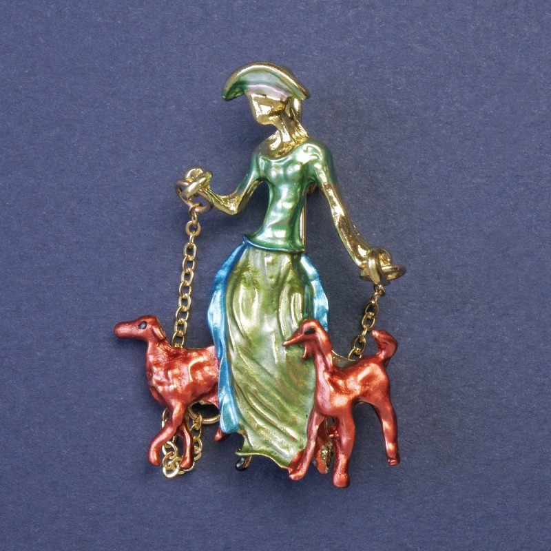 Brooch Pendant 'Lady with Dogs' on Chains, Enamel, Golden Metal 32×45 mm +