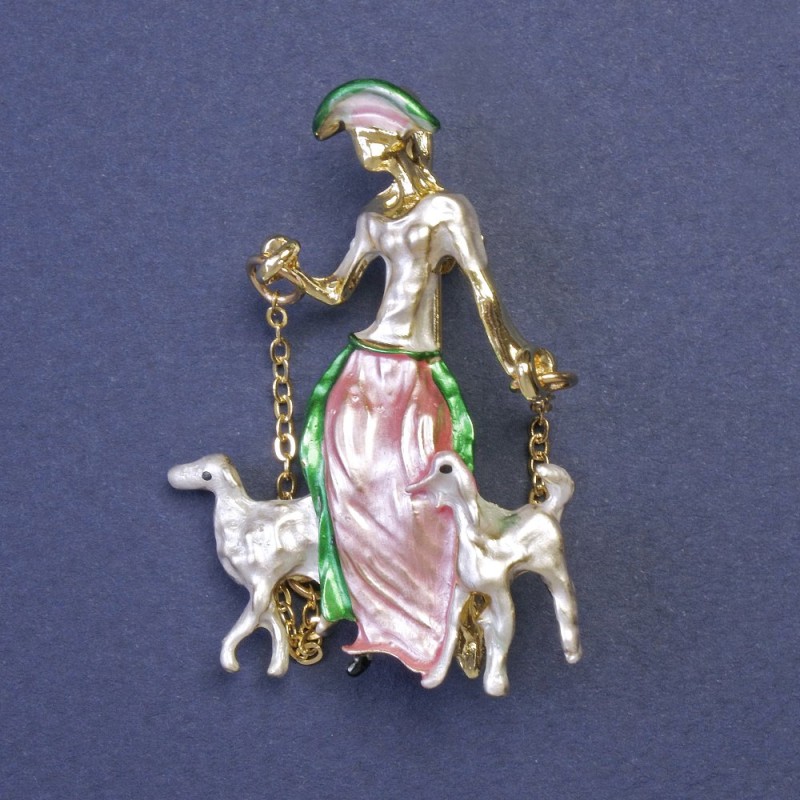 Brooch Pendant Lady with Dogs on Chains, Gold Enamel, Metal, 32x45 mm +