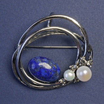 Brooch with Lapis Lazuli and Pearls, metal color 'silver' 43x41 mm+
