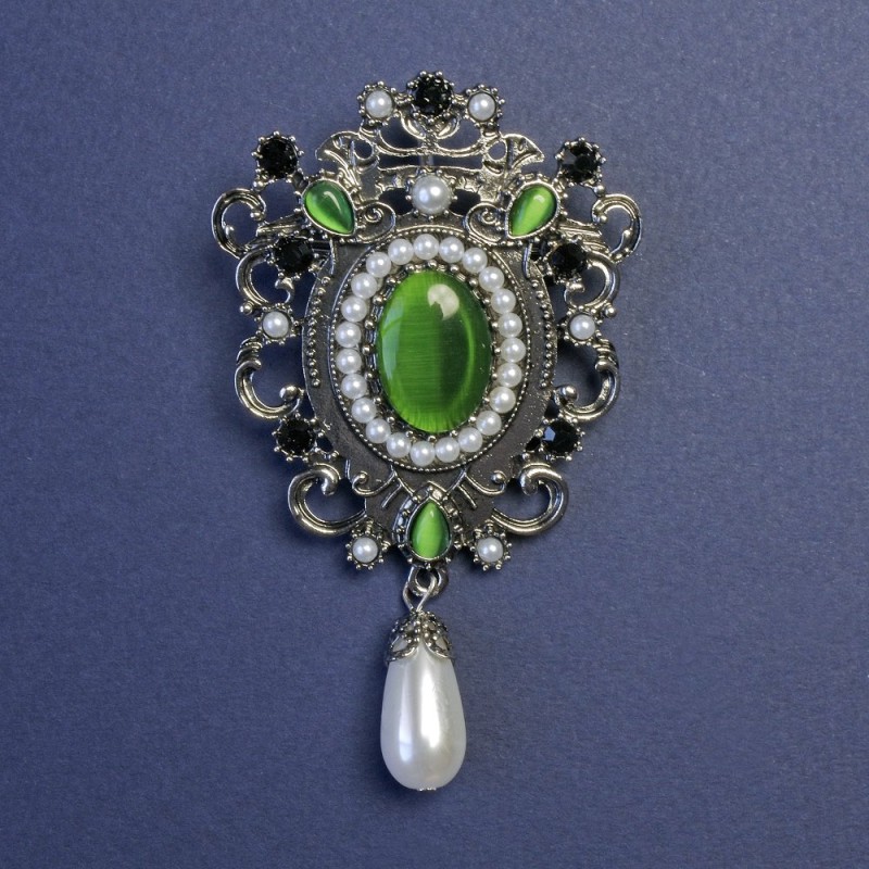 Accent Green Cat's Eye with Pearls Brooch-Pendant in Silver Metal 47x80mm+