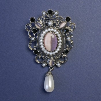 Brooch pendant Accent Pink Cat's Eye with Pearls Silver-tone Metal 47x80mm+